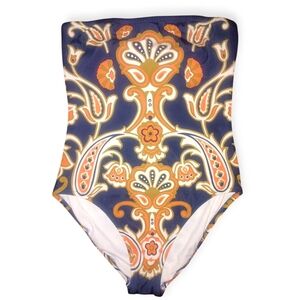 Women's J. Crew Orange/White/Navy One Piece Strapless Swimsuit, Sz 10